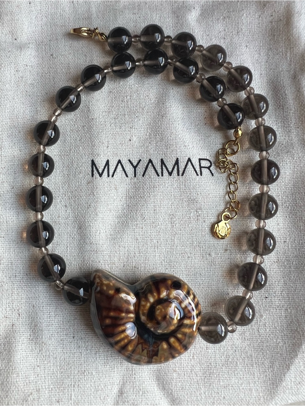 Mayamar Smokey Bead Necklace with Fossil Pendant NWOT